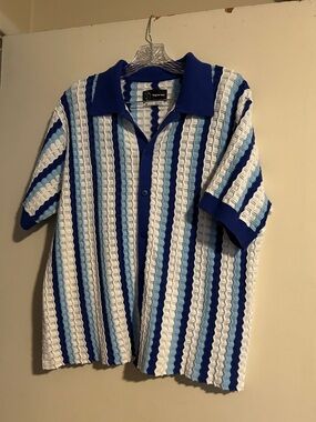 Original Use Blue & White Vertical Stripe Knit Polo